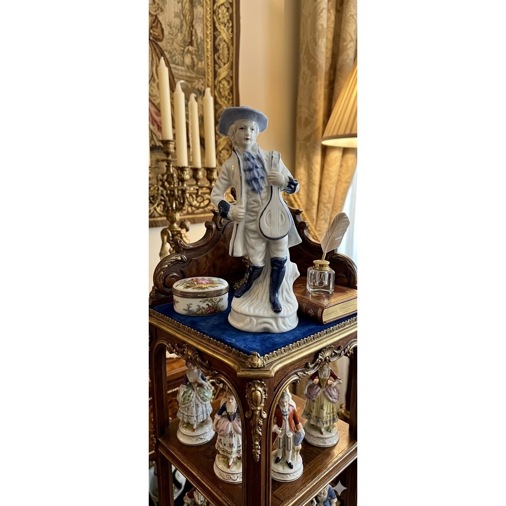 Vintage Blue and White Porcelain Gentleman Figurine with Mandolin 18th Century